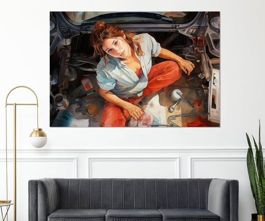 Mechanic Woman Canvas – Retro Mechanic Print | Workshop Wall Decor, Framed Canvas Art