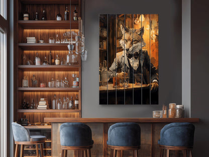 Fox Bartender Print on Natural Wood – Bar  Wall Art