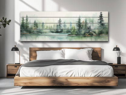 Lake And  Forest in Soft Watercolor Print On Natural Wood