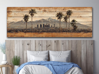 Los Angeles Wood Art - Rustic Wood Print With Palm Trees & Mountains | Farmhouse Wall Decor