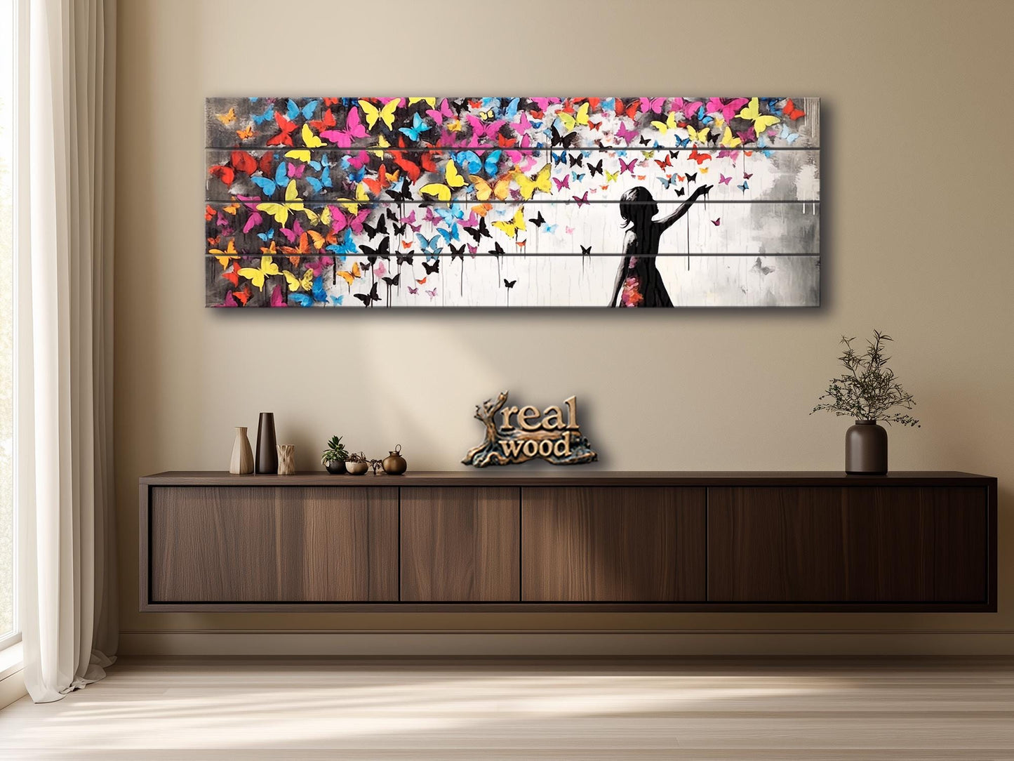 Wood Wall Art | Urban Street Art Print on Natural Wood Plank with Butterflies