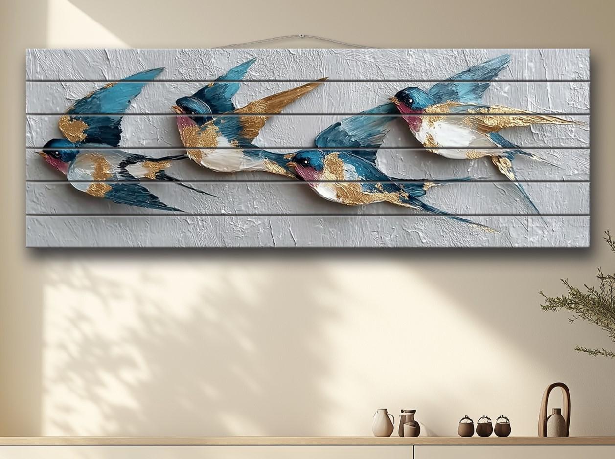 Flying Swallows Print on Natural Wood, Rustic Spring Wall Art