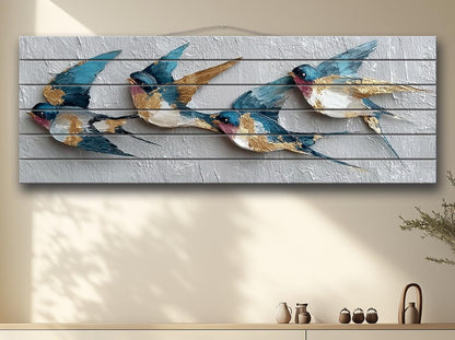 Flying Swallows Print on Natural Wood, Rustic Spring Wall Art