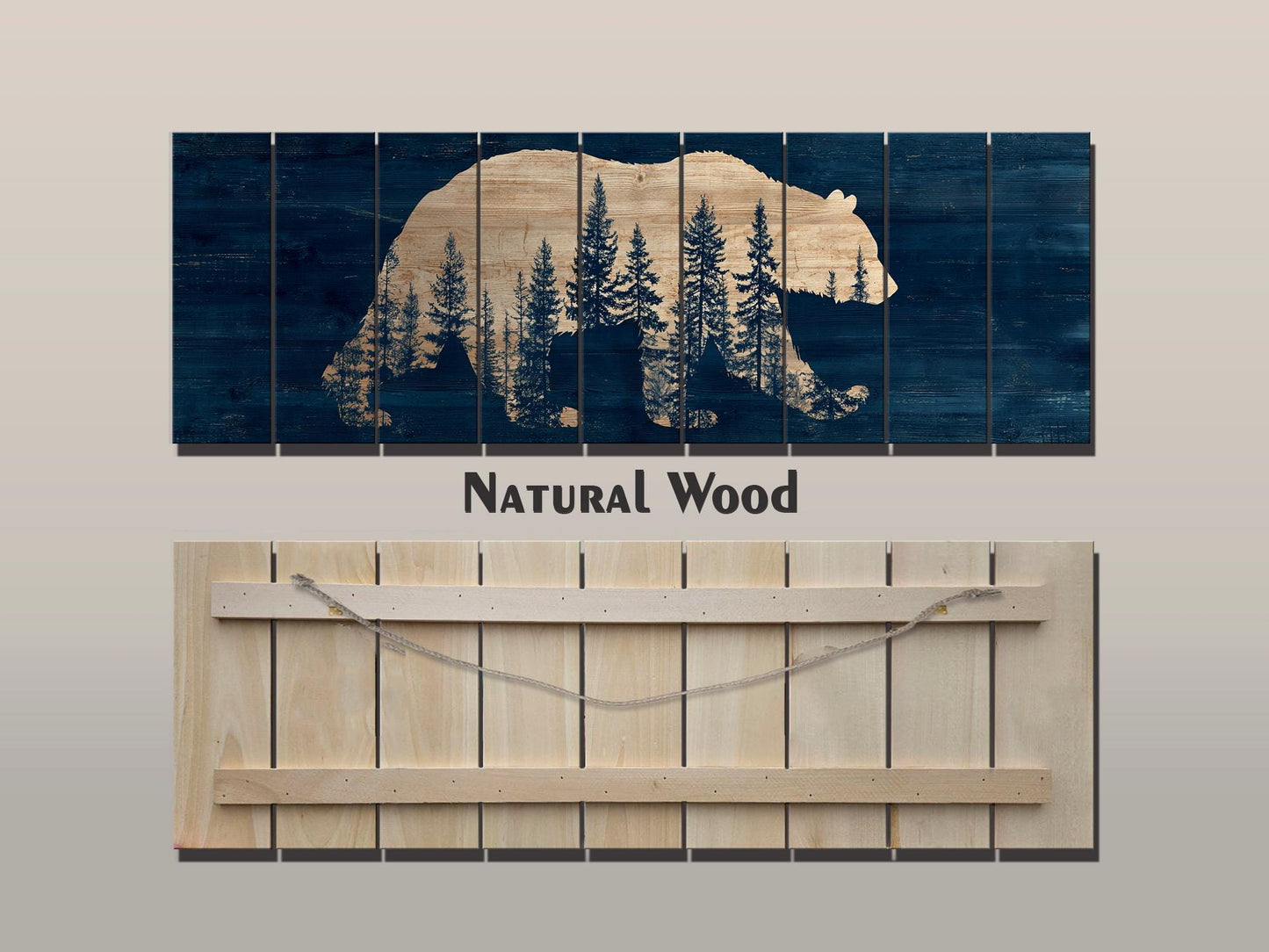 Bear Silhouette Wall Art – Rustic Cabin Decor with Pine Forest Print on Wood