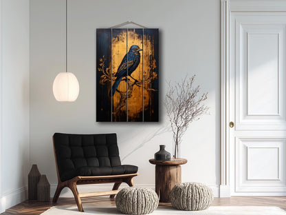 Vintage Blue Songbird Art – Rustic Wall Art on Natural Wood Plank with Fade Resistant Print