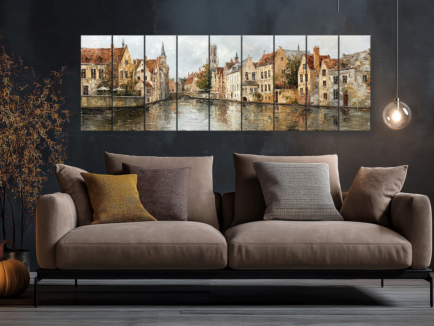 Bruges Canal Wood Print – Rustic Wall Art With Medieval Houses Painting & Beige Light