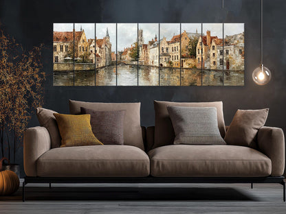 Bruges Canal Wood Print – Rustic Wall Art With Medieval Houses Painting & Beige Light