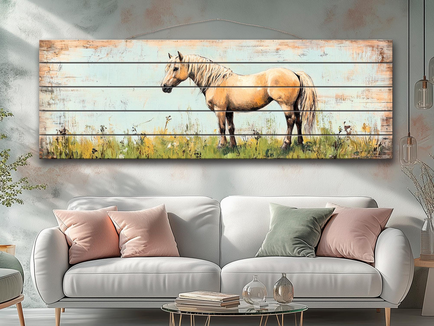 Rustic Wood Wall Art - Pony in a Grassy Field Print on Natural Wood, Horse Painting, Horses Wall Art, Pony Poster, Farmhouse Wall Decor