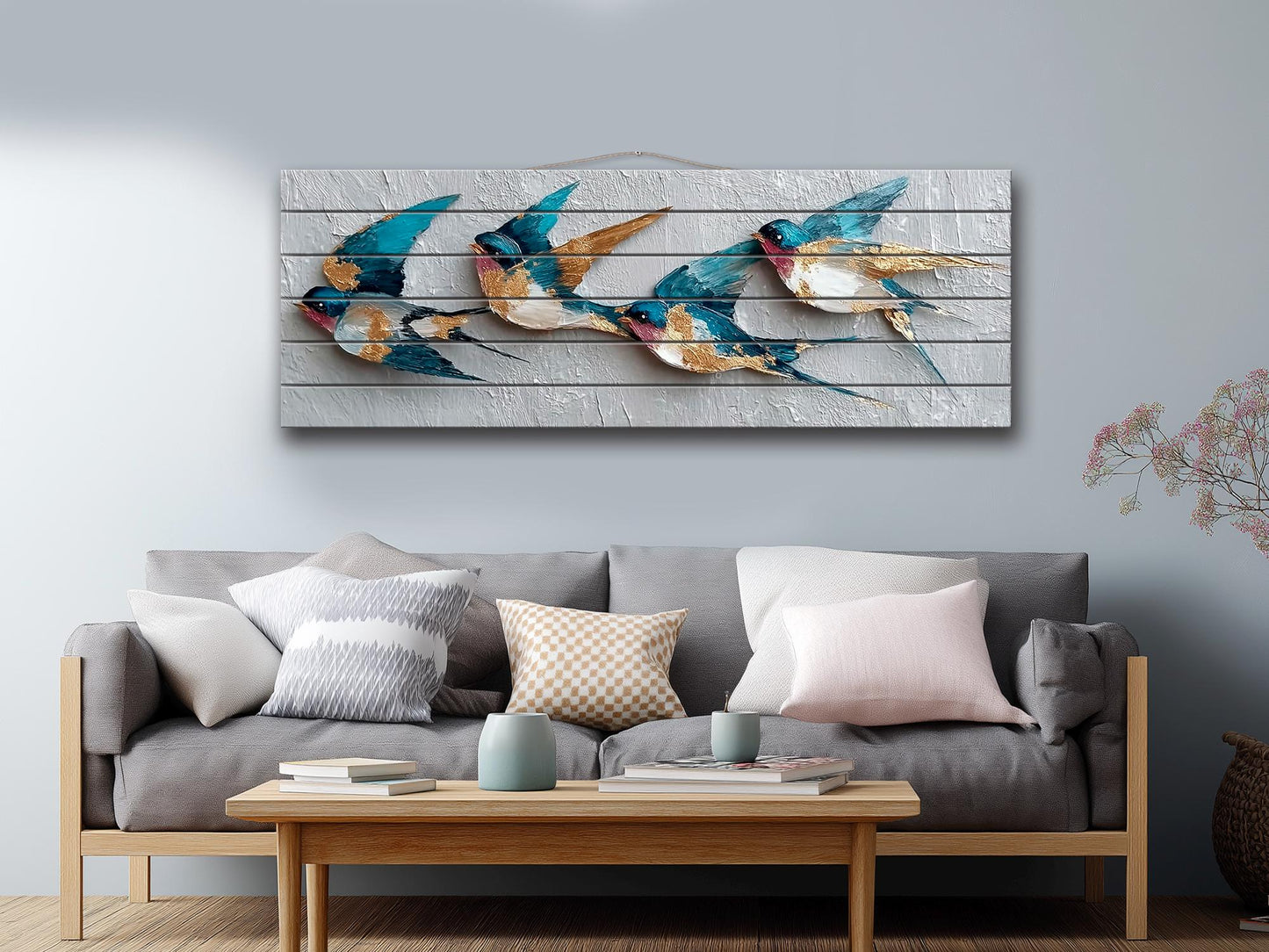 Flying Swallows Print on Natural Wood, Rustic Spring Wall Art