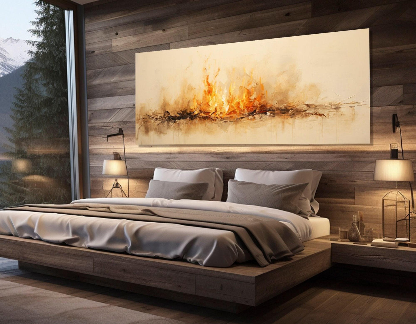 Burning Fire Canvas - Large Panoramic Wall Art | Modern Bedroom Decor, Ready to Hang