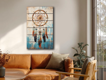 Dreamcatcher Wood Art – Native American Boho Wood Print on Natural Plank