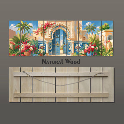 Moroccan Palace Gate Canvas Print, Blue Door Wall Art, Moorish Architecture Painting, Exotic Courtyard Decor