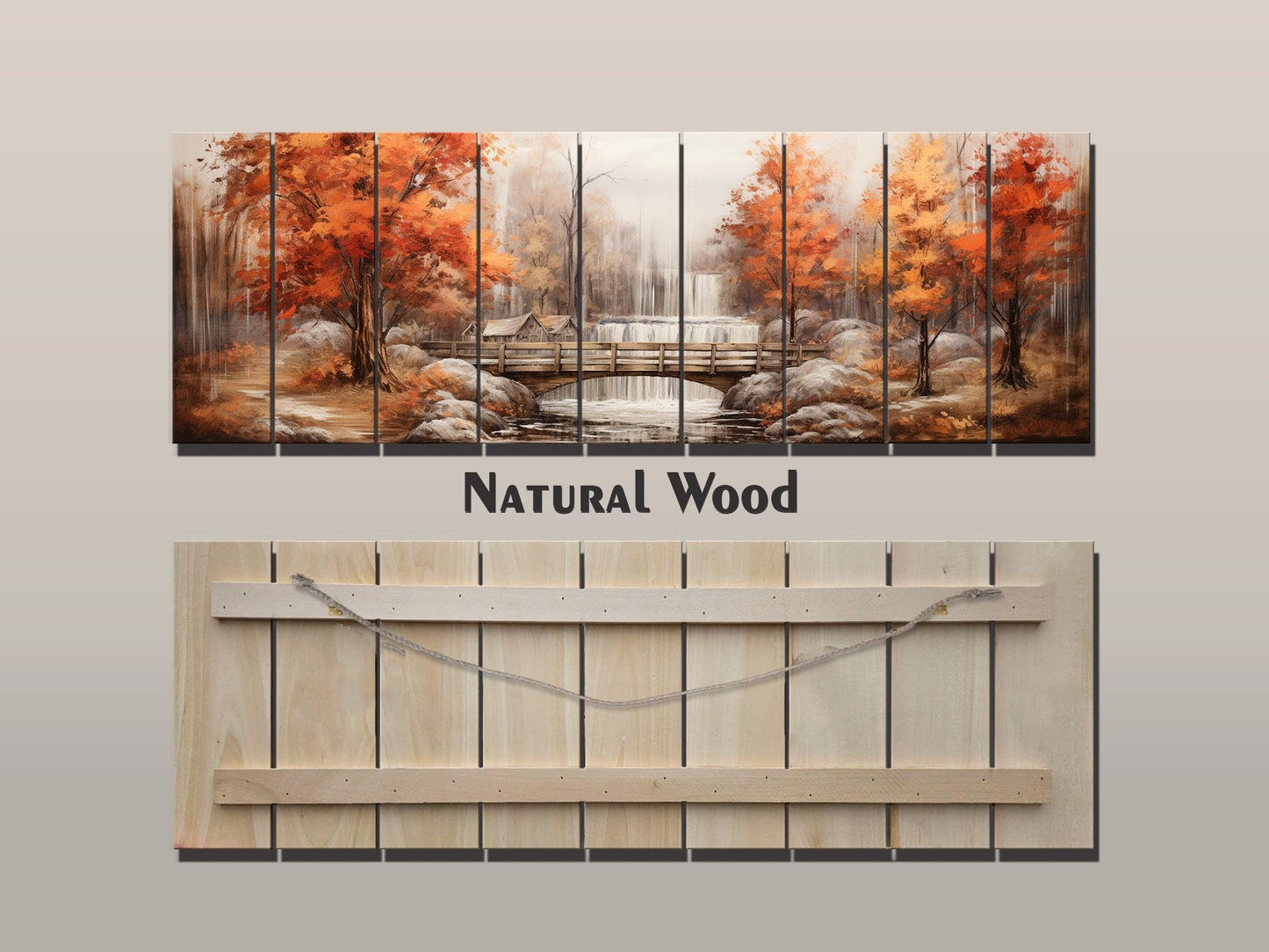Rustic Autumn Wall Art - Wooden Waterfall Painting On Natural Wood Panel