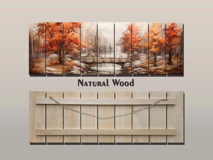 Rustic Autumn Wall Art - Wooden Waterfall Painting On Natural Wood Panel