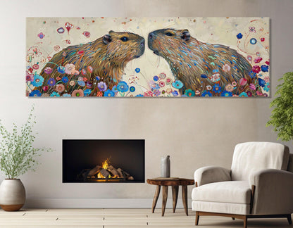 Capybaras Couple Painting - Romantic Wall Art | Framed Canvas Print Ready to Hang
