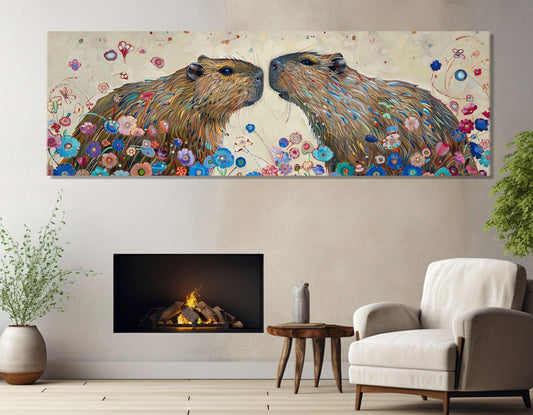 Capybaras Couple Painting - Romantic Wall Art | Framed Canvas Print Ready to Hang