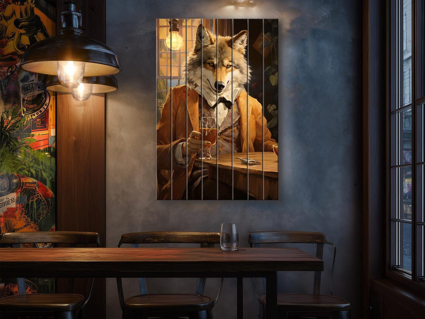 Wood Bar Wall Art – Wolf Bartender Artwork on Natural Wood Plank Print