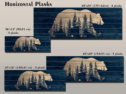 Bear Silhouette Wall Art – Rustic Cabin Decor with Pine Forest Print on Wood