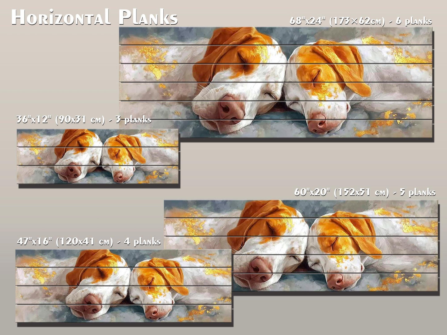 Sleeping Hounds Print on Natural Wood, Romantic Bedroom Decor, Rustic Pet Wall Art