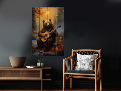 Bear Guitar Wall Art – Rustic Wood Print On Natural Wood Plank Art