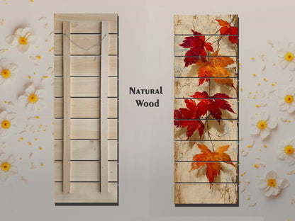 Rustic Wooden Wall Art – Falling Maple Leaves Print on Natural Wood Planks
