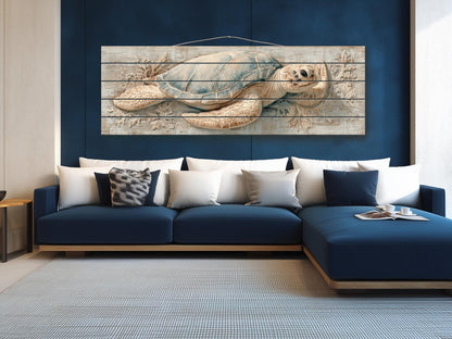 Sea Turtle Wall Art | Rustic Wood Art - Coastal Turtle Artwork on Wood Print