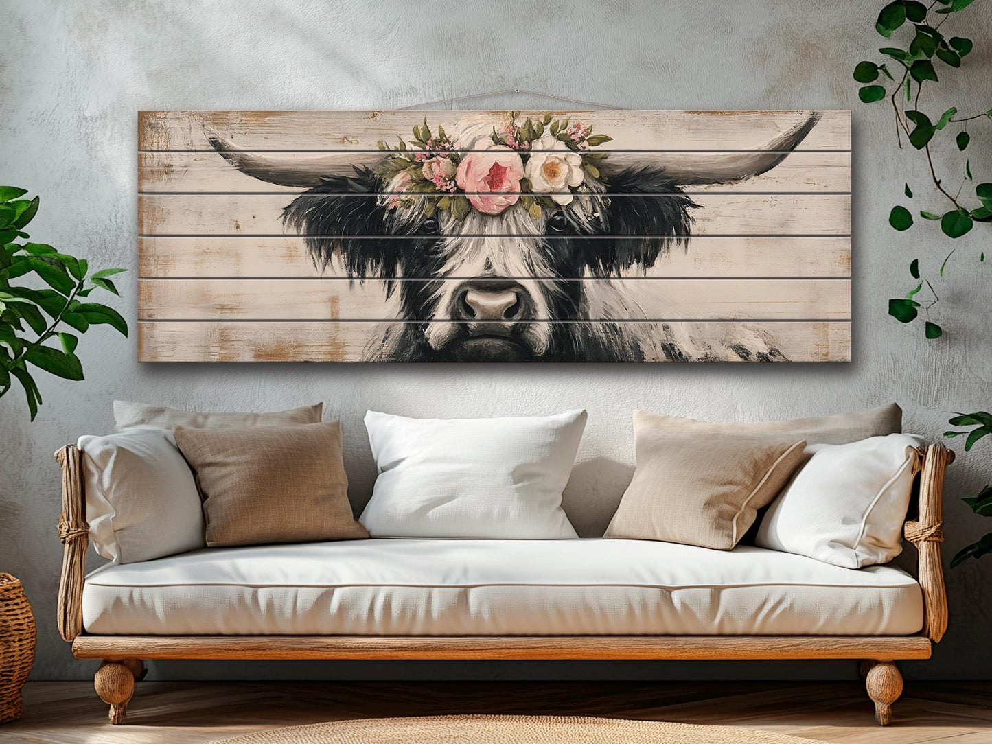 Rustic Wood Wall Art - Highland Cow Painting | Handcrafted Wood Plank Art