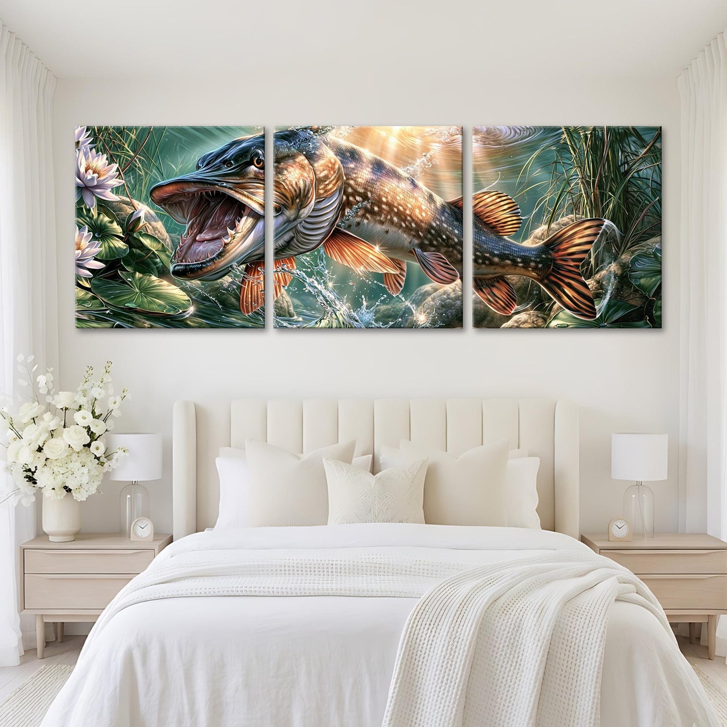 A large, three-panel painting depicting a fish swimming in a lush, green underwater environment.