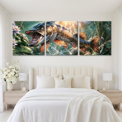 A large, three-panel painting depicting a fish swimming in a lush, green underwater environment.