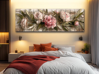Peonies Print Wood - Beige Pink Floral Wall Art | Rustic Farmhouse Flower Print