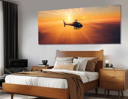 Helicopter Canvas Print – Aviation Wall Art | Framed Panoramic Sunset Artwork