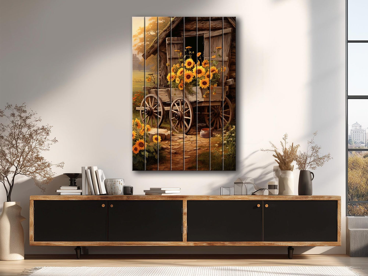 Rustic Sunflower Wall Art – Handcrafted Wooden Sunflower Print on Wood Panel