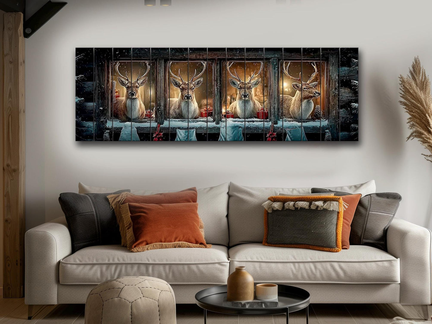 Christmas Reindeer Cabin Print on Wood – Cozy Winter Night Wall Art, Rustic Holiday Decor