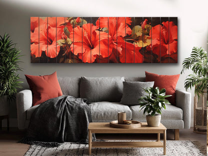 Red Hibiscus Wood Print – Natural Wood Wall Art | Impressionist Floral Decor