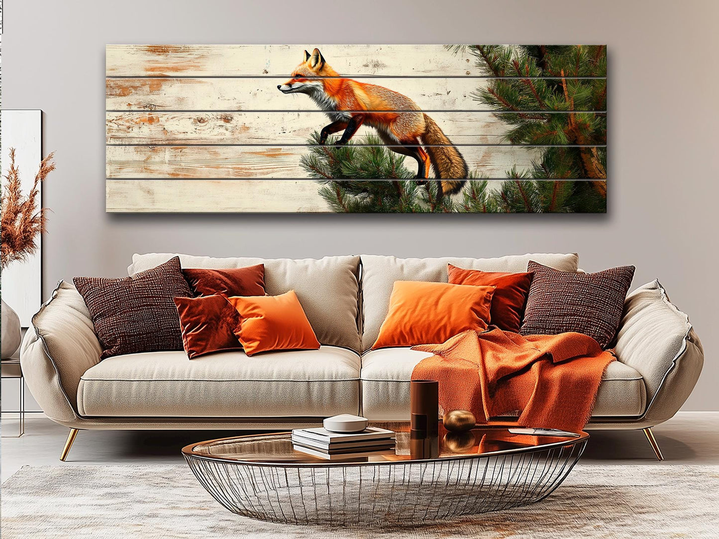 Fox Wall Art – Rustic Wood Wall Art Featuring Fox on Pine Tree Print