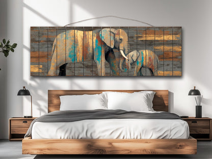 Wood Wall Art - Mother Elephant with Her Calf Print on Natural Wood, Elephants Wall Art, Rustic Elephants Painting, Country Wall Art