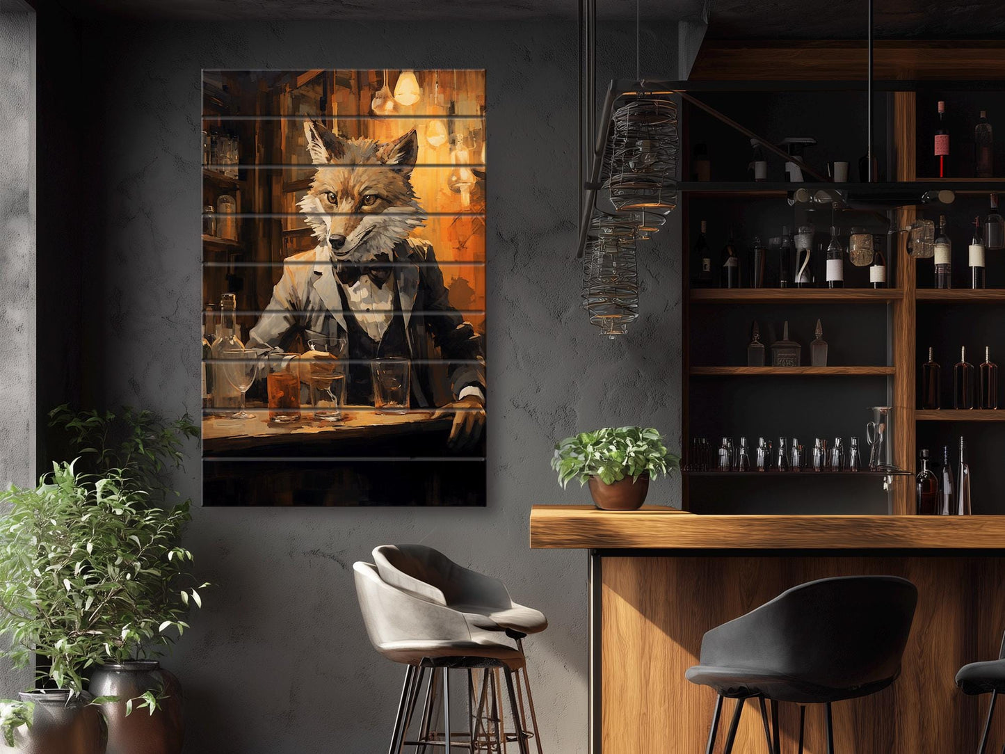 Fox Bartender Print on Natural Wood – Bar  Wall Art