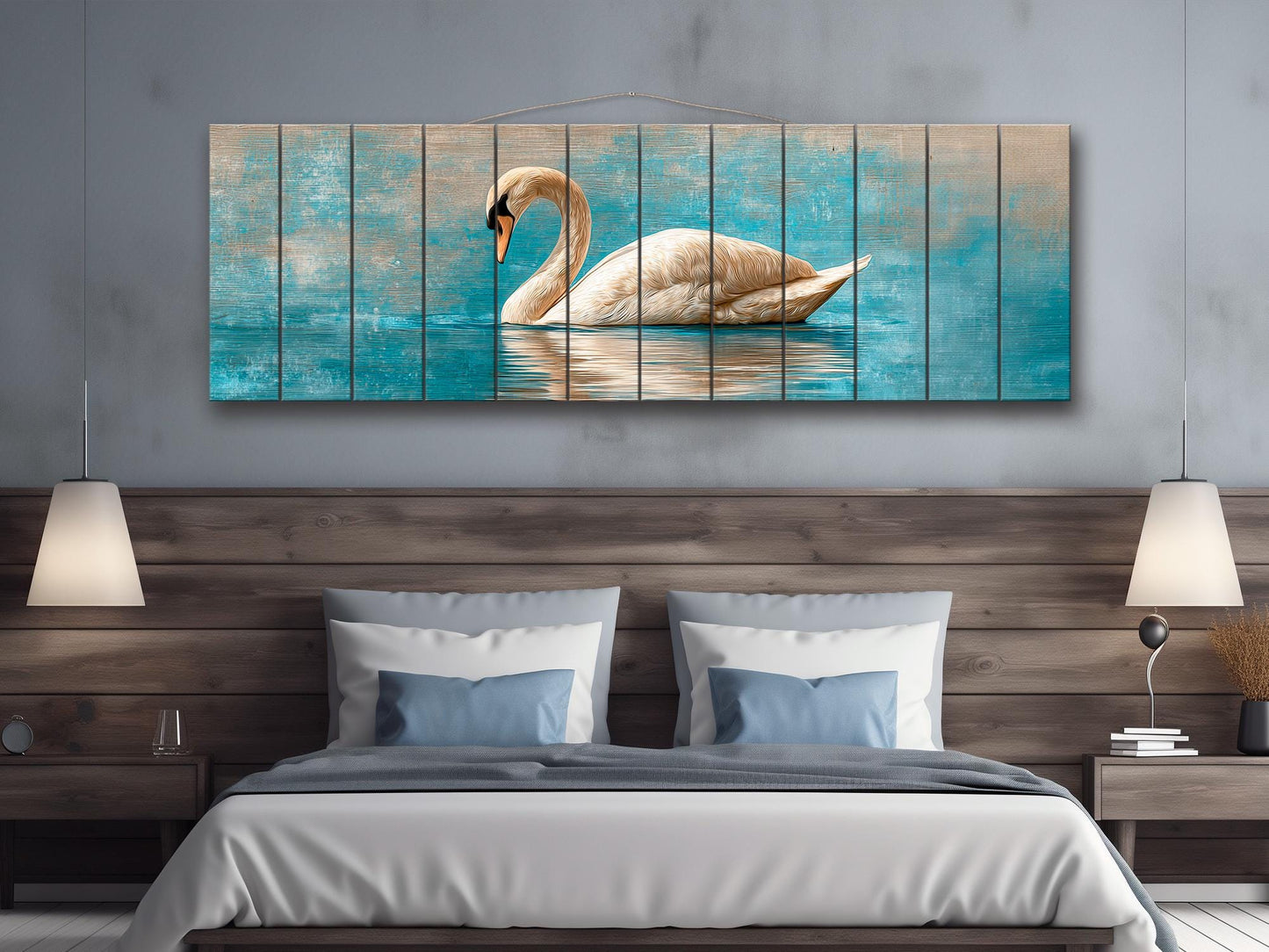 Swan Print Wood - Elegant Wildlife Wall Art | Rustic Farmhouse Beige Blue Painting