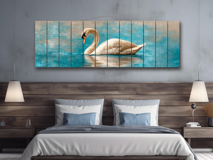 Swan Print Wood - Elegant Wildlife Wall Art | Rustic Farmhouse Beige Blue Painting