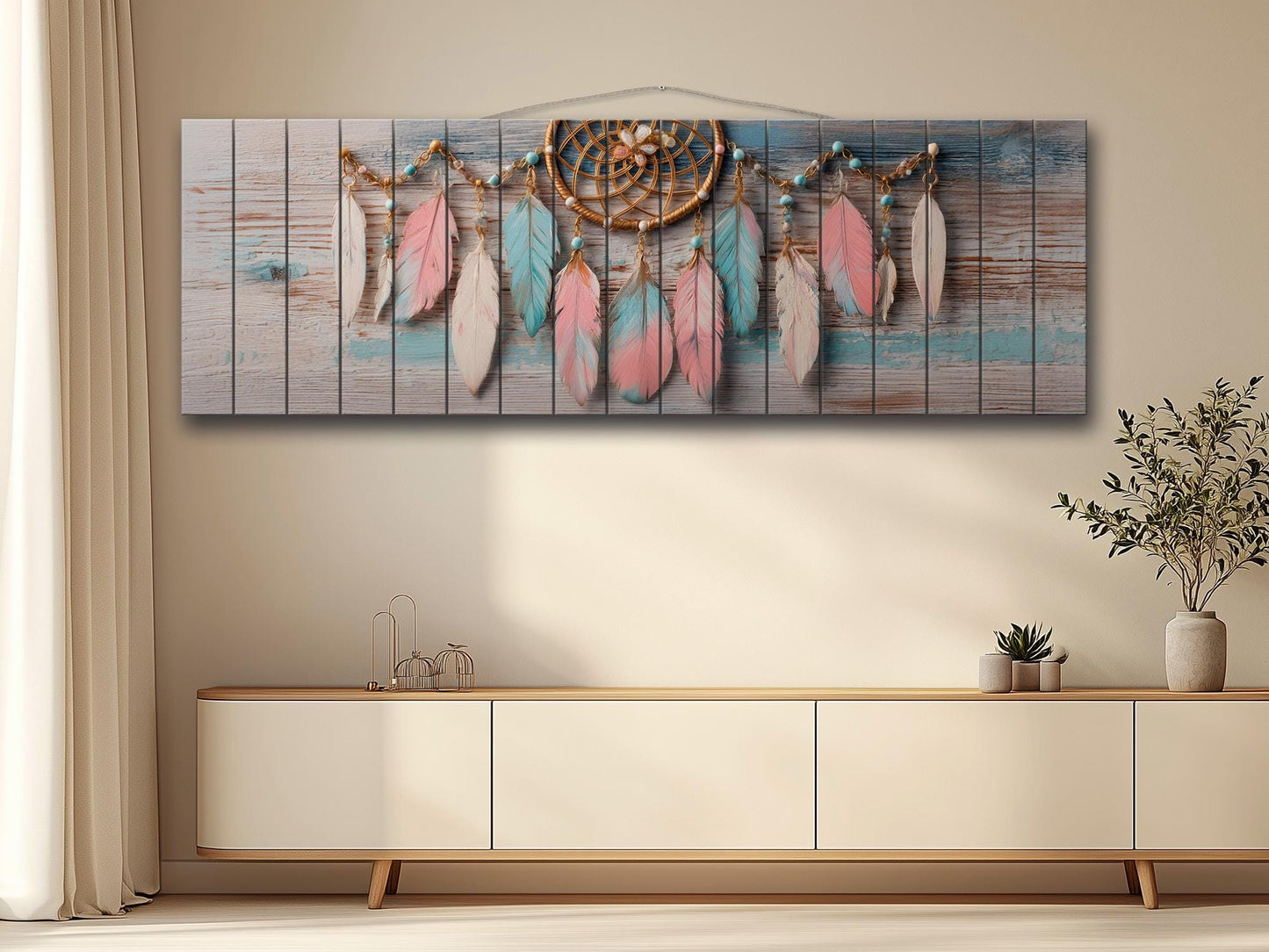 Rustic Wood Wall Art - Boho Dreamcatcher with Feathers and Beads Print on Natural Wood, Bedroom Painting, Boho Wall Art, Bedroom Wall Decor