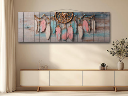 Rustic Wood Wall Art - Boho Dreamcatcher with Feathers and Beads Print on Natural Wood, Bedroom Painting, Boho Wall Art, Bedroom Wall Decor