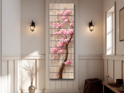 Cherry Blossom Tree with Cascading Pink Flowers Print on Natural Wood, Floral Wall Decor, Rustic Sakura Tree Painting, Floral Wall Art