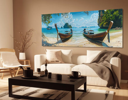Tropical Beach Canvas Print – Large Boats on Beach Painting | Ready to Hang Art