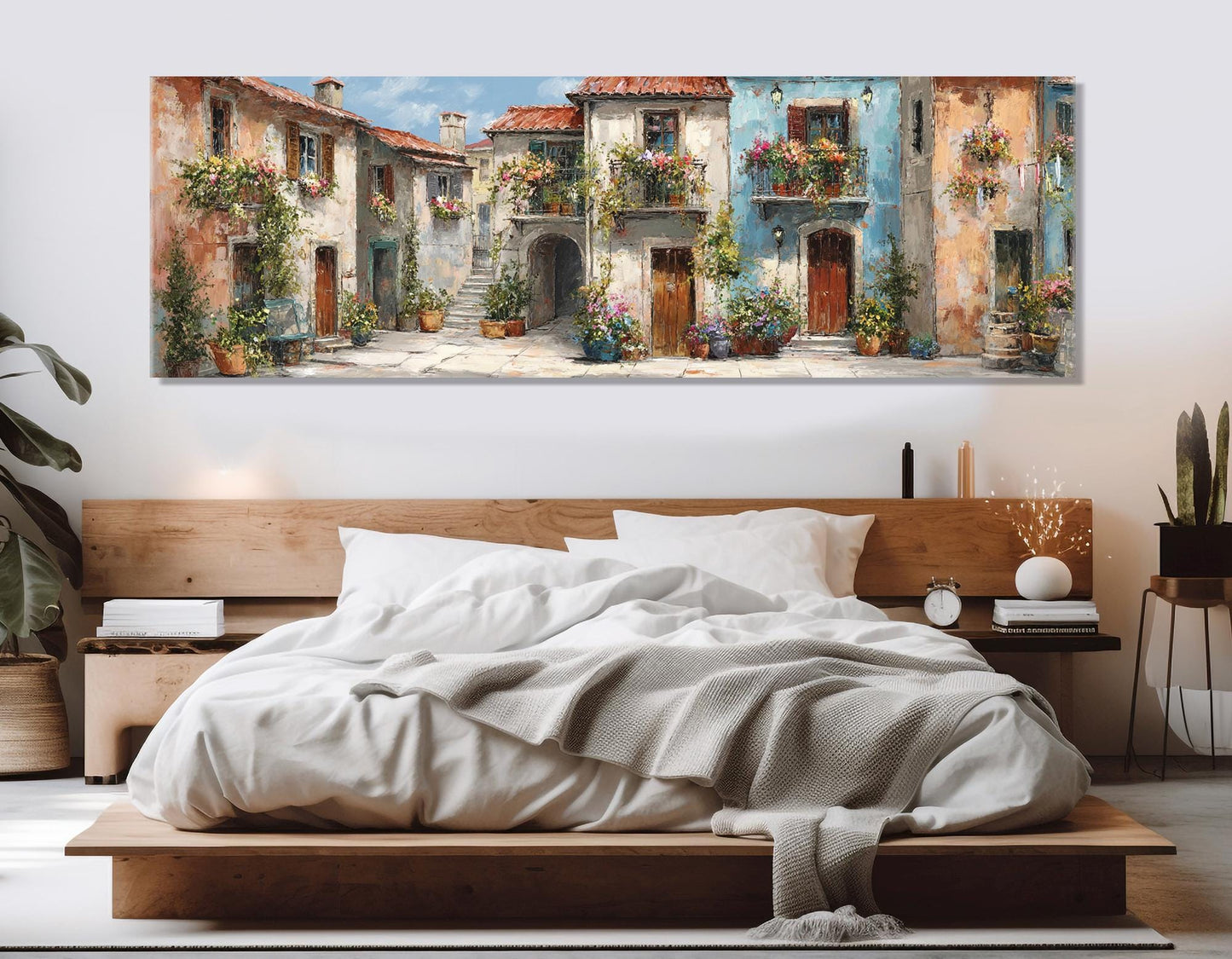Italian Town Street Canvas – Framed Cotton Print With Flower Balconies Art & Floating Frame