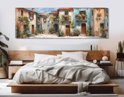 Italian Town Street Canvas – Framed Cotton Print With Flower Balconies Art & Floating Frame