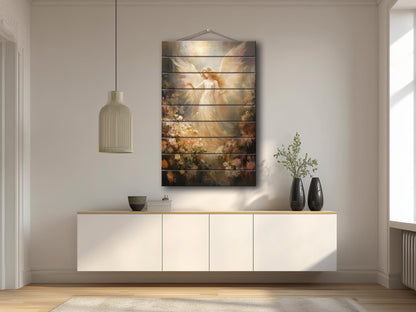 Angel Wood Print – Rustic Spiritual Art on Natural Wood Planks | Religious Wall Decor