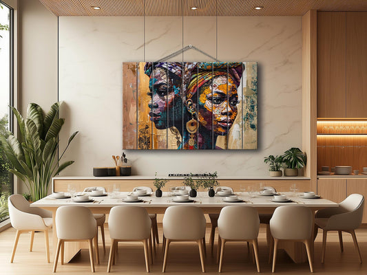 Rustic Wood Wall Art - African Women Painting Printed on Wood, Ethnic African Wall Art, Vintage African Wall Decor, Retro African Poster