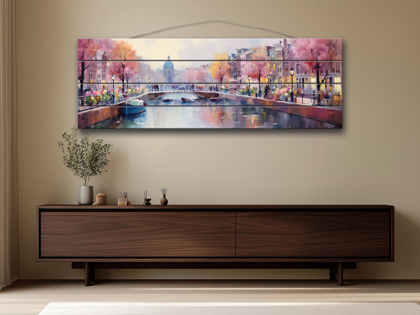 Amsterdam Wood Wall Art – Rustic Abstract Skyline Print on Natural Wood Texture