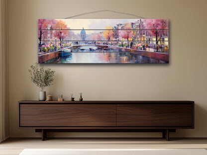 Amsterdam Wood Wall Art – Rustic Abstract Skyline Print on Natural Wood Texture