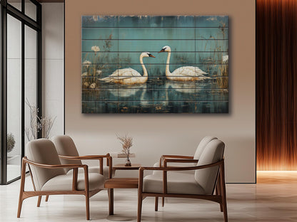 Rustic Swan Art Printed on Wood, Love Wall Art, Swans in Love Painting, Anniversary Gift, Romantic Gift, Bedroom Decor